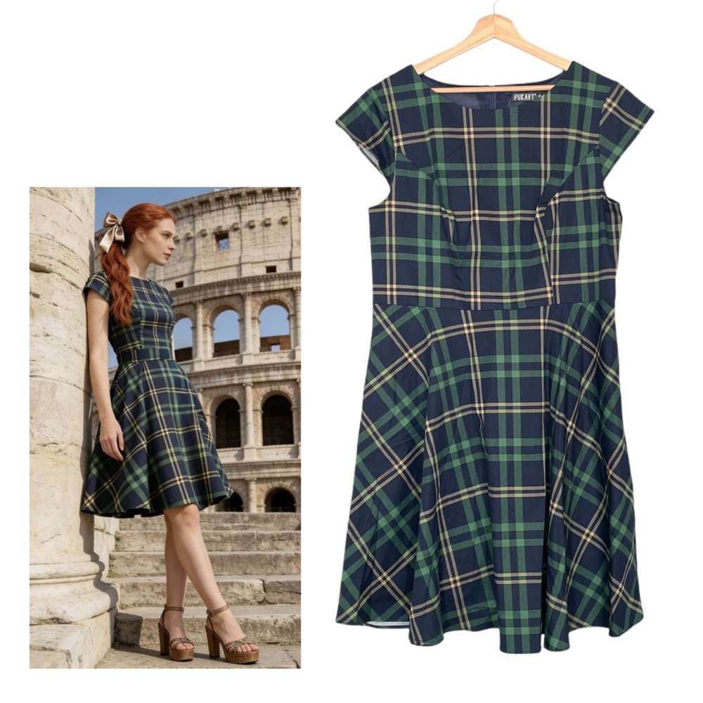 PUKAVT Vintage-Inspired 1950s Green Plaid Swing Dress Size 2XL Pin Up Rockabilly